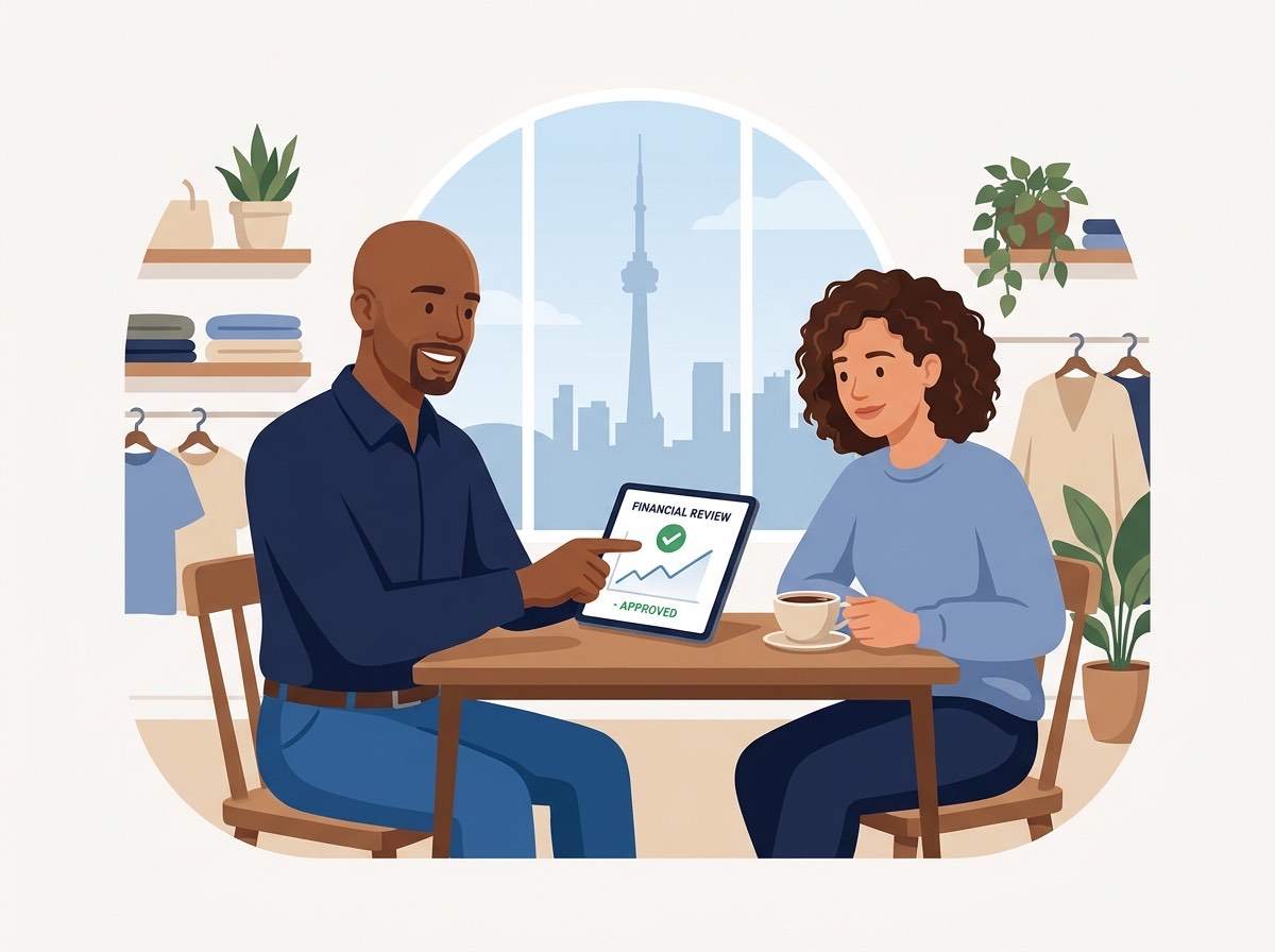 Accountant helping a young business owner review her finances, Toronto skyline behind them
