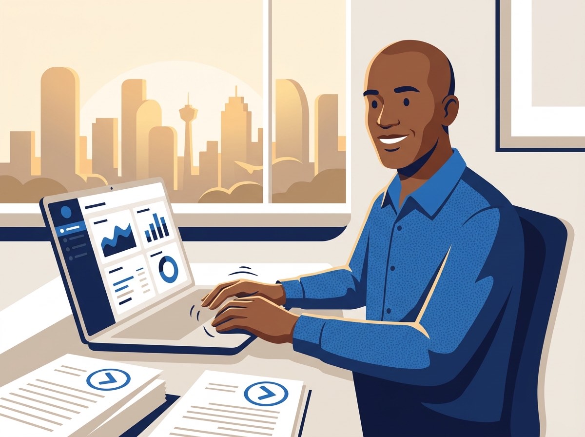 Accountant working efficiently at a laptop with a Canadian skyline at golden hour